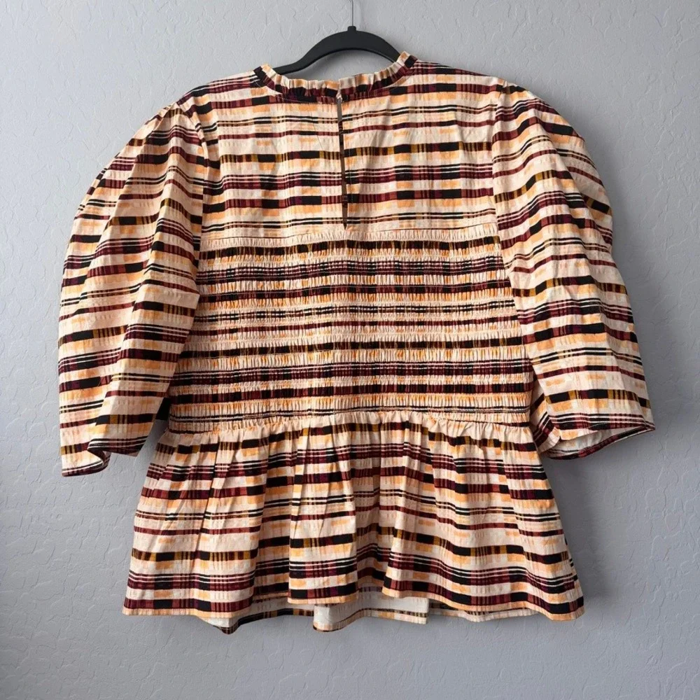NWT Eloquii Elements Size 20 Peplum Top Plaid 3/4 Puff Sleeve Smocked Bodice